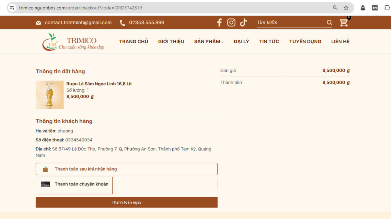Hoặc có thể chọn thanh toán chuyển khoản qua ngân hàng